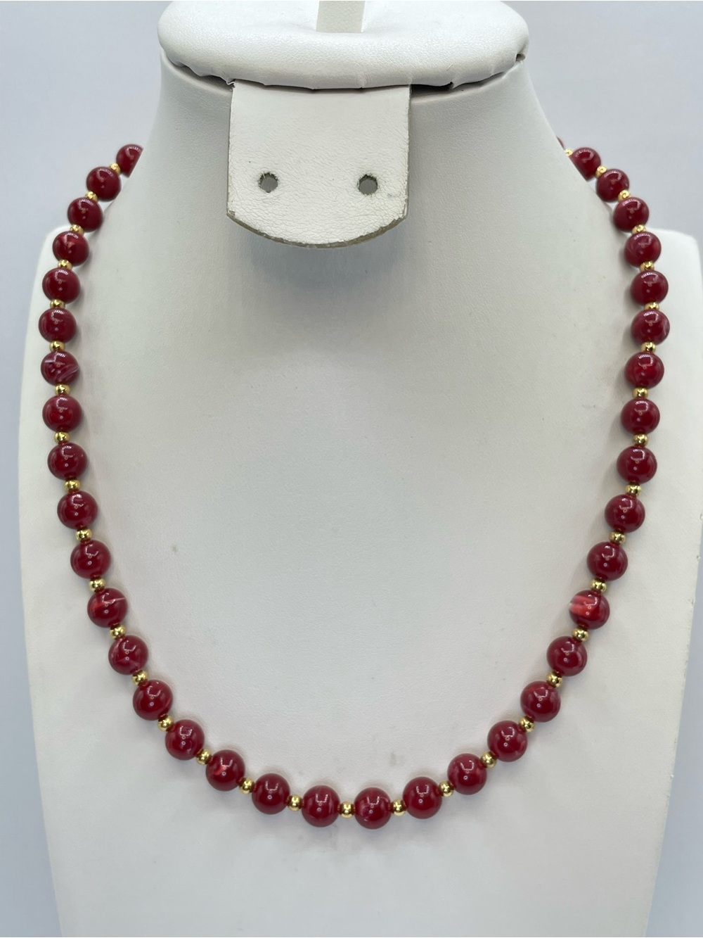 Monet Gold Tone Red Acrylic Beaded Necklace Classic Round Beads Statement Jewelr